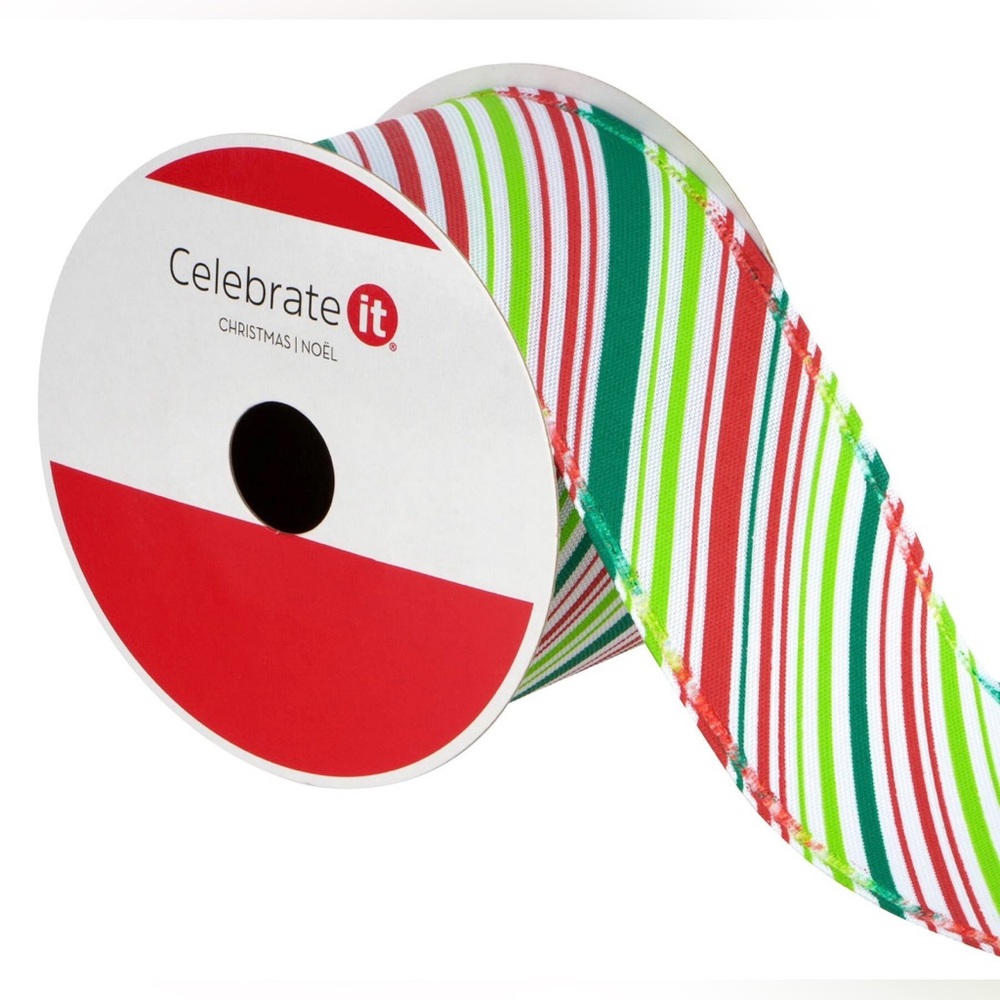 Celebrate it Festive Striped wired Ribbon - Pink, Green, and White 2.5” x 20ft